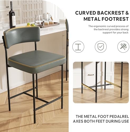 Bar Stools Set of 2, Faux Leather Counter Height Barstools with Curved Back, ...