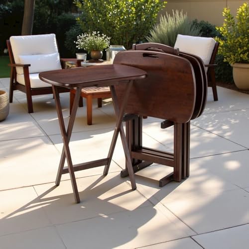Furnifact Walnut Snack Table Set – Folding TV Trays with Stand for Dining, Wo...
