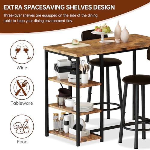 Kitchen Dining Table Set for 2, Bar Table and Chairs Set with 3 Storage Shelv...