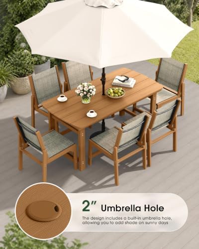 HDPE Outdoor Dining Set, Patio Table and 6 Stackable Armless Chairs, Teak