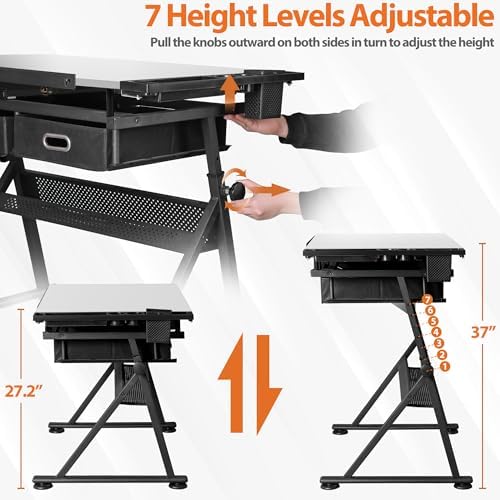 SUPER DEAL Adjustable Drafting Table Set with Charging Station, Tilting Drawi...