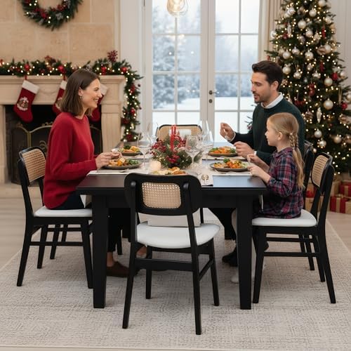 ROCITY Black Rattan Dining Chairs Set of 6 Sherpa Dining Room Chairs Natural ...
