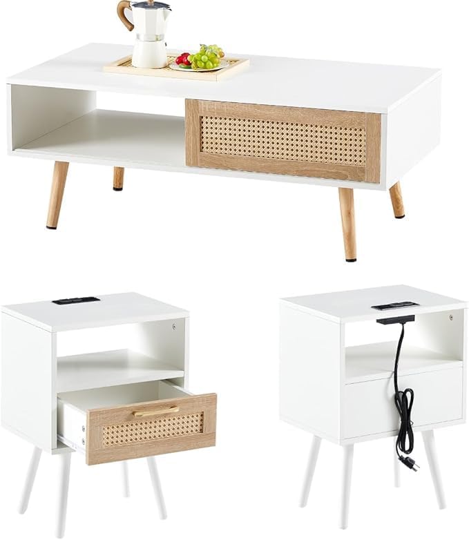 Rattan Center Table and Nightstand Set, 3-Piece Wood Living Room Table Set In...