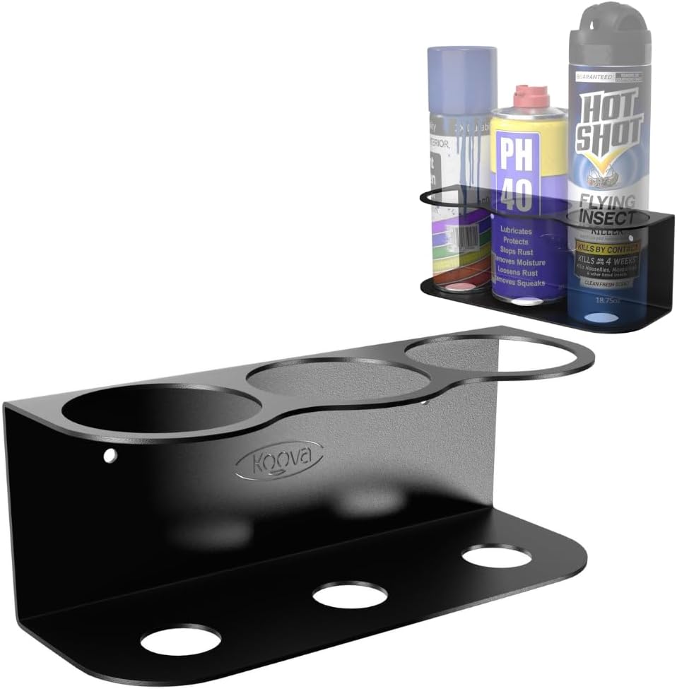 Koova X-Large Spray Can Rack - Fits 3 XL Aerosol Spray Cans, Heavy Duty Steel Wall Mount Organizer, Metal Utility Shelf for Home or Garage, Universal Fit, Paint Storage, Hardware Included, Made in USA