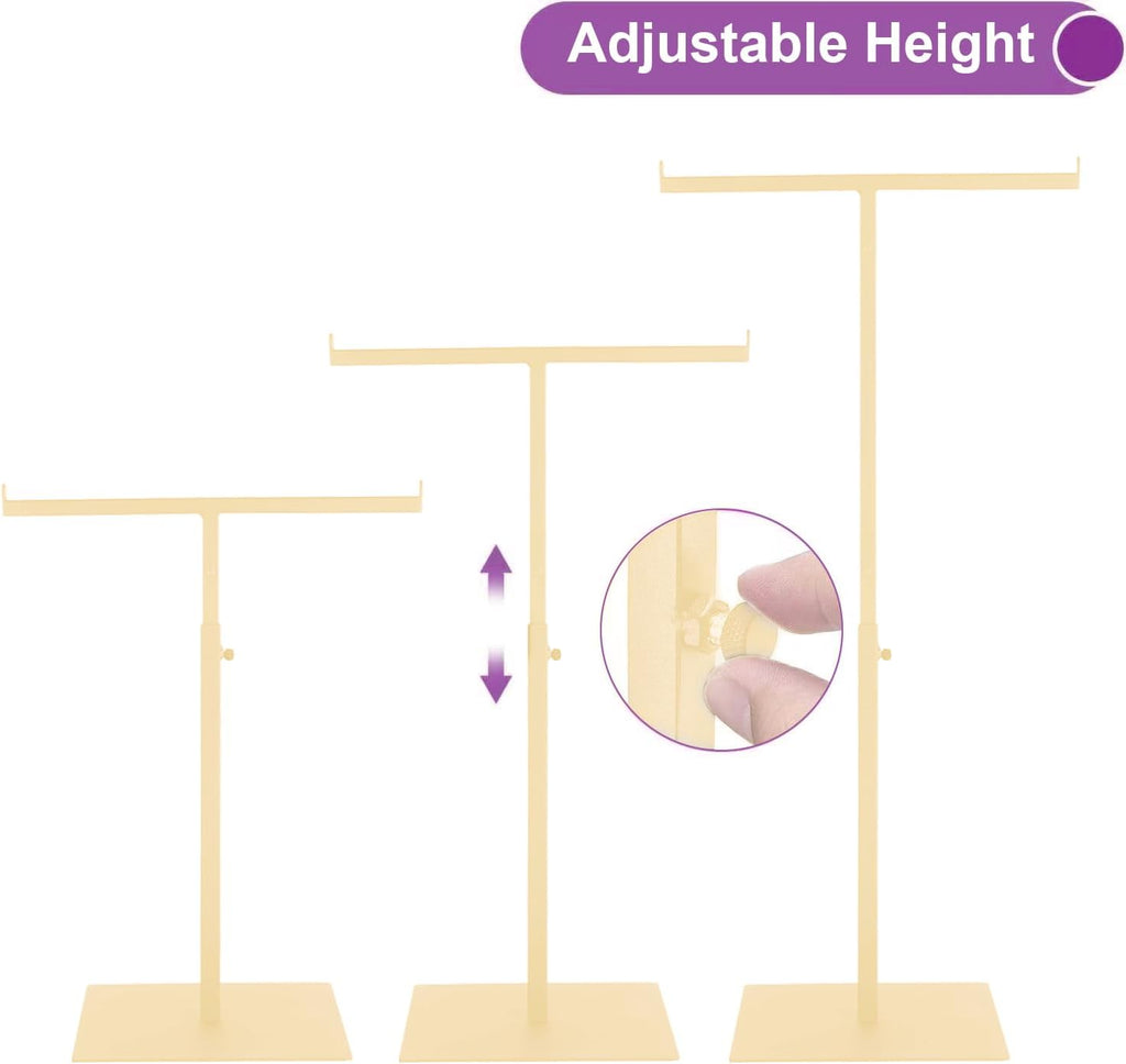Purse Display Stand T Shaped, Countertop Jewelry/Scarf/Handbag T-Bar Display Stand, Tabletop Double Hook Hanging Stands for Long Necklaces, Metal with Adjustable Height - Gloden