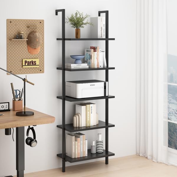 5-Tier Wall-Mounted Ladder Bookshelf Black Metal Frame | MDF Shelves, Industrial Style, 60x30x180 cm, Open Design, Living Room & Office