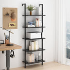 5-Tier Wall-Mounted Ladder Bookshelf Black Metal Frame | MDF Shelves, Industrial Style, 60x30x180 cm, Open Design, Living Room & Office