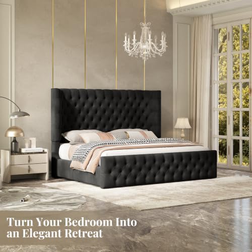 Jocisland King Bed Frame Upholstered Wingback Headboard & Footboard,Black