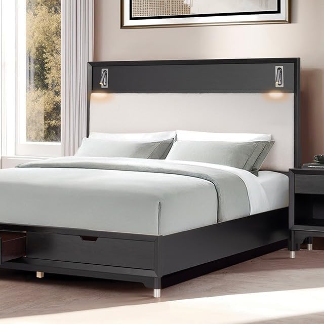 First of a Kind Queen Bed Frame - Boucle Upholstered Headboard LED Reading Li...