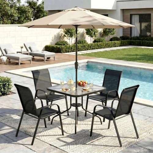 Arlopu 5 Pieces Outdoor Patio Dining Set, Glass Table and Textilene Chair
