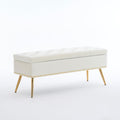 46" Ivory White Velvet Storage Bench with Gold Legs Nailhead Trim | Tufted Ottoman, End of Bed Bench, Upholstered, For Bedroom/Living Room/Window/Entryway/Dining Bench, Modern, Rectangle