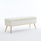 46" Ivory White Velvet Storage Bench with Gold Legs Nailhead Trim | Tufted Ottoman, End of Bed Bench, Upholstered, For Bedroom/Living Room/Window/Entryway/Dining Bench, Modern, Rectangle