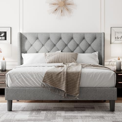 Feonase Queen Bed Frame with Upholstered Wingback Headboard, Platform Bed and...