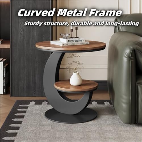Round Sofa Side Table with 2 Storage Shelves, Vintage Wooden End Tables, Smal...