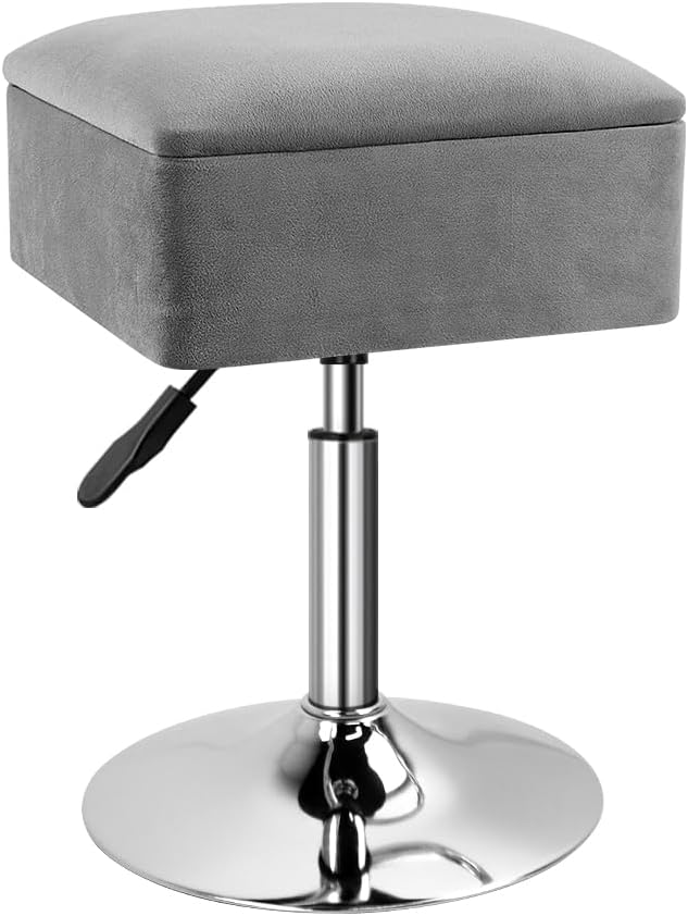 WKWKER Adjustable Vanity Stool with Storage Velvet 360° Swivel Makeup Stool S...