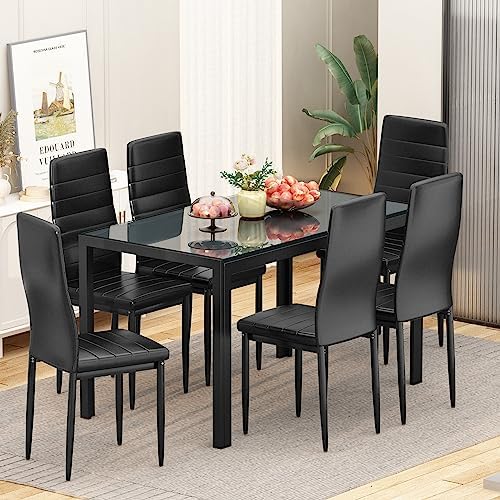 DKLGG Glass Dining Table Set for 6, Modern Kitchen Table with 6 PU Leather Ch...