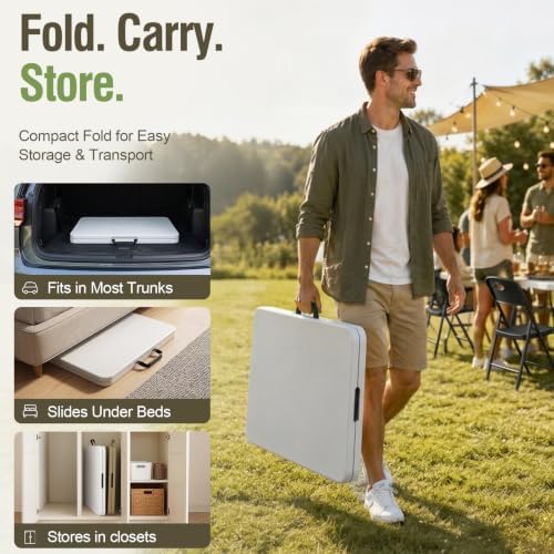 Folding Table and Chairs Set for 5, 5FT Foldable Plastic Table with Carry Han...