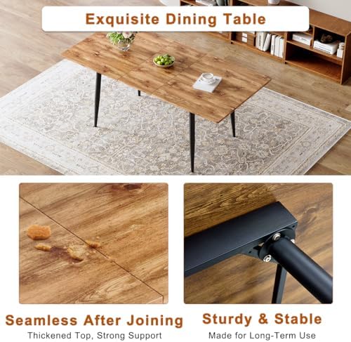 59"-75" Extendable Dining Table Set for 6, Mid Century Dining Room Table Set for 6, Modern Wood Kitchen Table Upholstered Chairs Set of 6, Ideal for Dining Room,Office, Space-Saving, Easy to Assemble