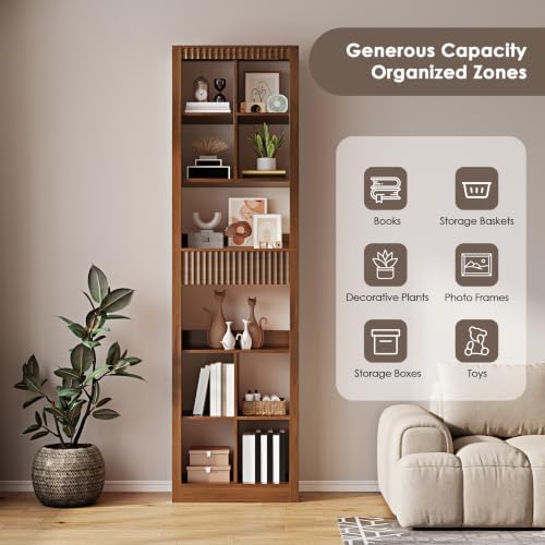 Wodeer 71" Tall 6 Tier Bookshelf with 8 Cube Open Display, Walnut Bookca...