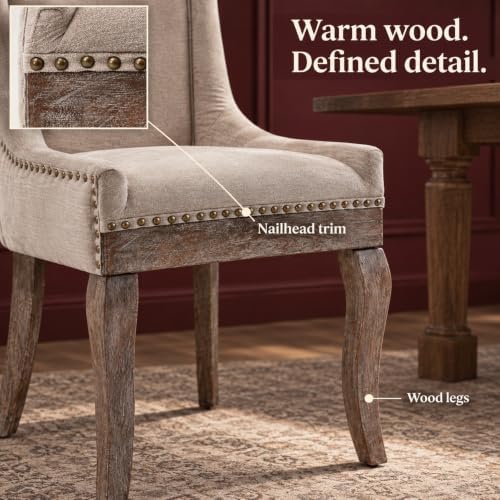 Upholstered Dining Chairs Set of 6, Beige Fabric Kitchen Chair with Nailhead ...