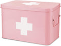 Flexzion First Aid Box Organizer Empty 13" Pink Vintage First Aid Kit Tin Metal Medical Box - First Aid Storage Box Container Bins with Dividers, Removable Tray and White Cross Logo