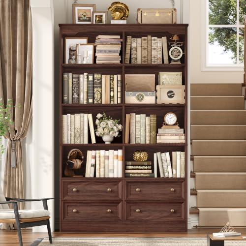 FINETONES 71" Tall Bookshelf with 4 Drawers Large Bookshelf Office Bookcase