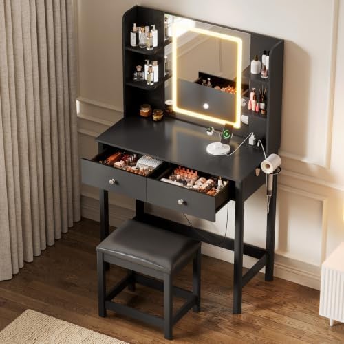 Vanity Desk with LED Mirror, 3 Lighting Modes and Chair