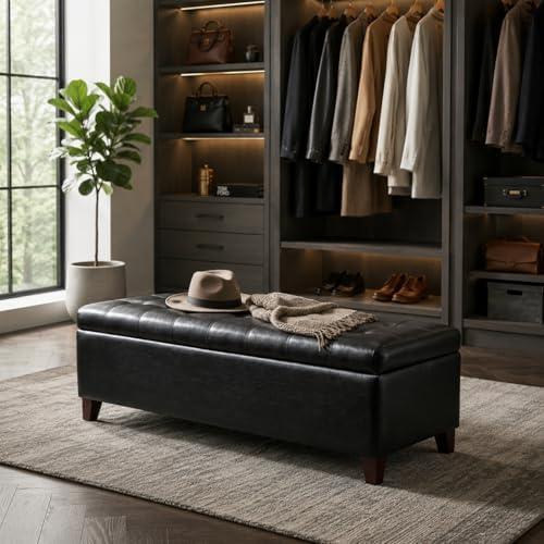 Black Ottoman with Storage Faux Leather Storage Ottoman Bench | 51 Inch Uphol...