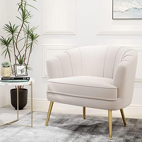 Andeworld Velvet Accent Chair, Barrel Armchair, Beige
