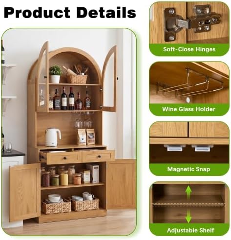 75" Oak Coffee Bar Cabinet Arched Kitchen Pantry Charging Station | Farm...