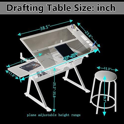 Drafting Table for Artists, Glass Drawing Table with Stool,T1-White