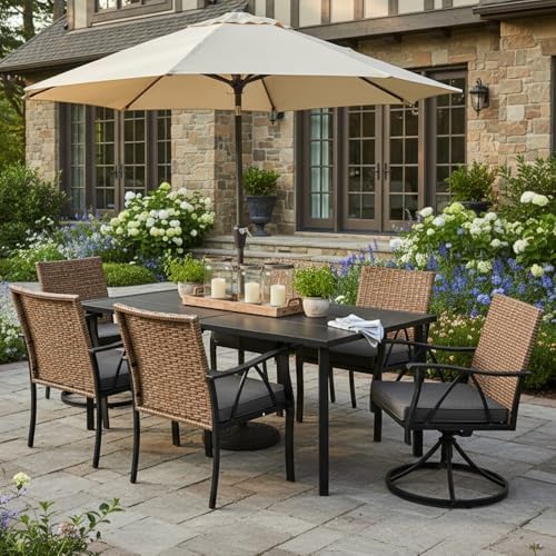 7-Piece Patio Dining Set for 6, Outdoor Dining Set with Wicker Swivel Patio D...