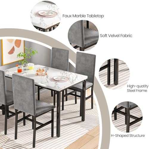 Hooseng 5-Piece Dining Table Set for 4 with Faux Marble Top & Velvet Chai...