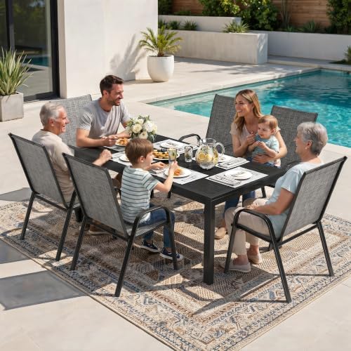 7PCS Patio Dining Set, Steel Table & 6 Textilene Chairs, Charcoal