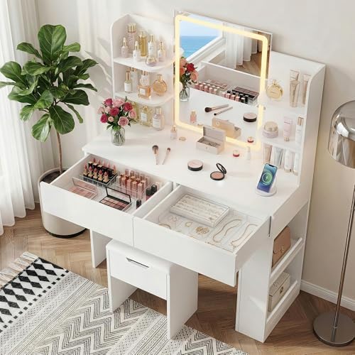 Furmax Vanity Desk with Mirror and LED Lights, White with Bench | Makeup Vani...