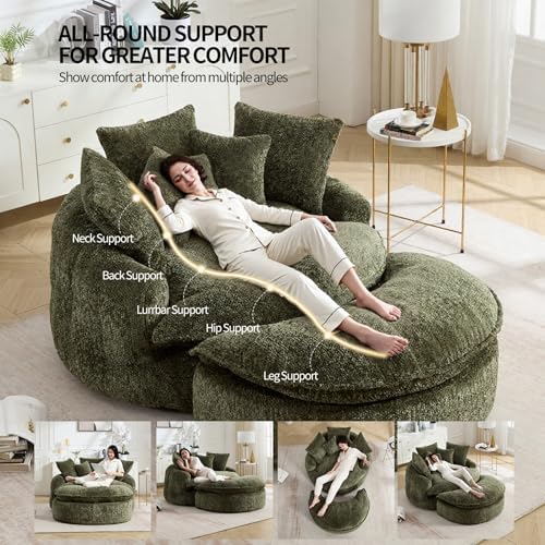 Oversized Round Lounge Chair with Ottoman Cloud Comfy | Breathable soft fabri...