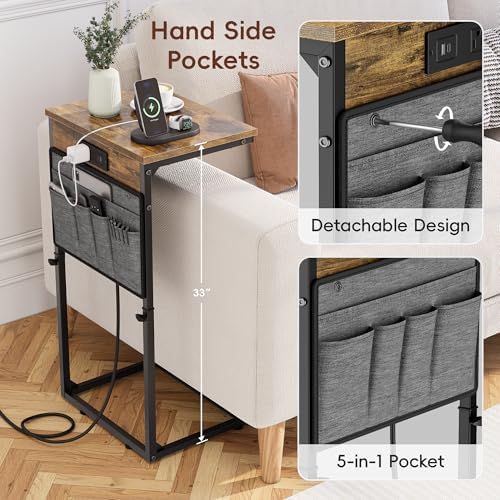 Vagusicc C-Shaped End Table with Charging Station, Small Side Table for Couch...