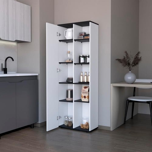 24.4" D*16.53" W*48.03" H Freestanding Kitchen Pantry with 8 Black Shelves, Single Door, Rectangular Storage Cabinet, Modern Minimalist, for Living Room, Dining Room, White