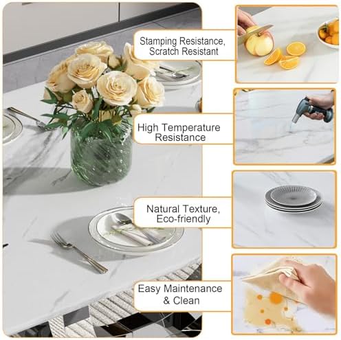 7 Piece Marble Dining Table Set for 6, 69.3" White Silver Kitchen Table ...
