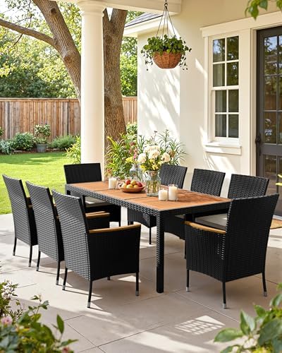 Flamaker Patio Dining Set for 8 Outdoor Acacia Wood Table and Chairs, Black