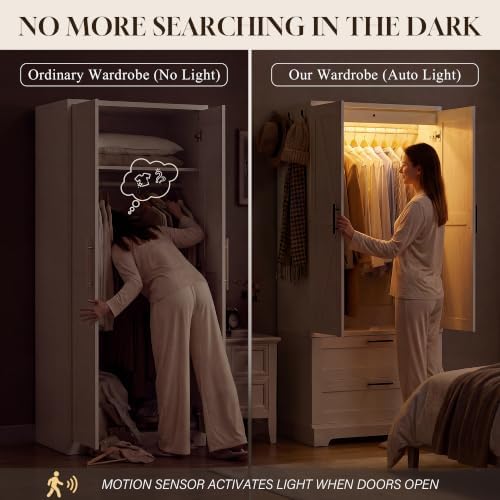 YESHOMY 70.9" Wooden Armoire Wardrobe Closet with Sensor Light(White)