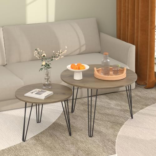 Round Nesting Coffee Tables Set of 2, Marble Grain Top Modern Side Tables | M...