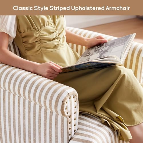 HUIMO Linen Fabric Accent Chair, Mid-Century Modern Armchair with Solid Wood ...