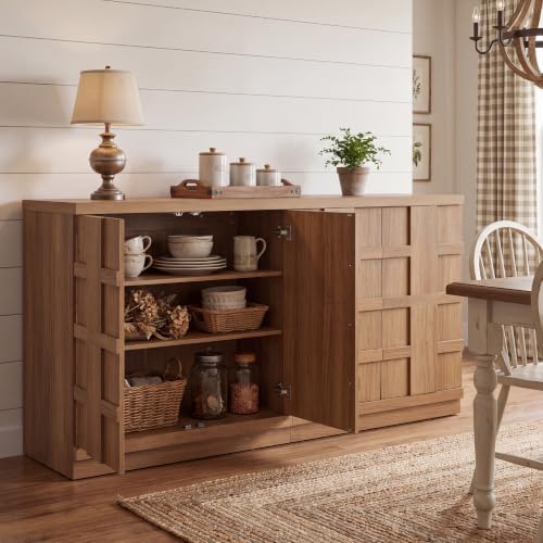VividVibe Sideboard Buffet Cabinet with Storage, 93.9" W, Brown Oak