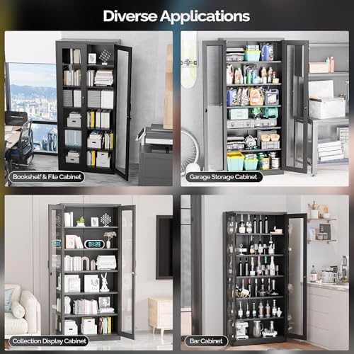VINGLI Lockable Display Cabinet with Glass Doors & 5 Adjustable Shelves, ...