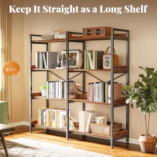 Huuger 4 Tier Bookshelf with 8 Open Shelves and Raised Baffle, Rustic Brown