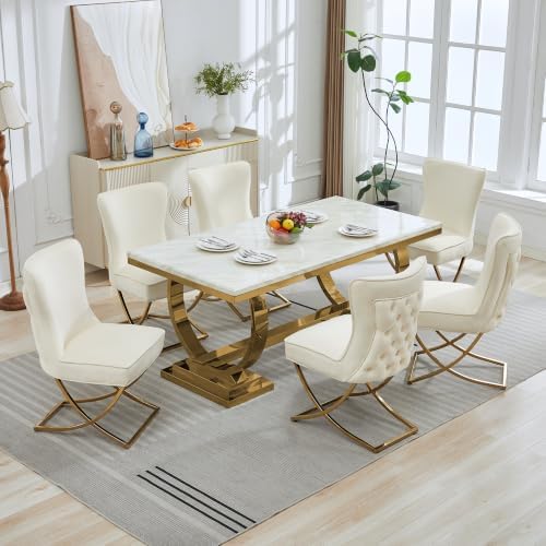 LOULENS Velvet Dining Chairs Set of 2, Tufted Wingback Gold X-Legs, Beige