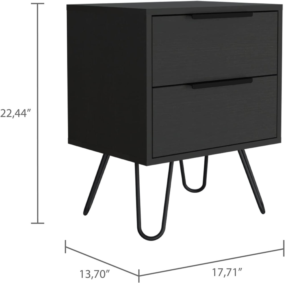 2 Nightstand, Hairpin Legs, Two Drawers, Black,for Small Spaces