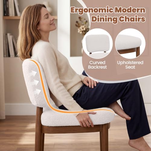 Wooden Dining Chairs Set of 4, Boucle Upholstered Kitchen Chairs with Solid W...