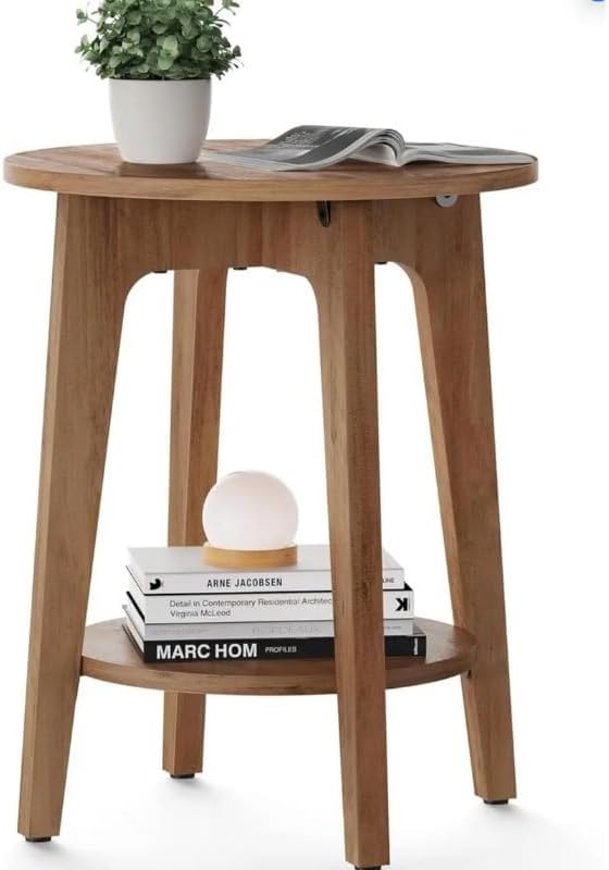 Wood Side Table, Round Coffee Table, Small Round End Tables with Lower Shelf,...